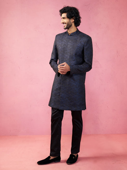 Men's Navy Blue Silk Blend Indowestern And Pant Set